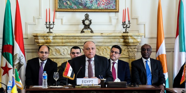 CAIRO, EGYPT - JANUARY 21: Egyptian Foreign Minister Sameh Shoukry (C) chairs the meeting of Foreign Ministers of Libya neighboring countries, held with the participation of Libyan Foreign Minister Muhammad al-Tahir Hammuda Silia, Algrian Minister of Maghreb and African Affairs and the Arab League Abdelkader Messahel, UN envoy for Libya Martin Kobler and Tunisian Foreign Minister Khemaies Jhinaou in Cairo, Egypt on January 21, 2017. The meeting series has been held to find solutions for the pol
