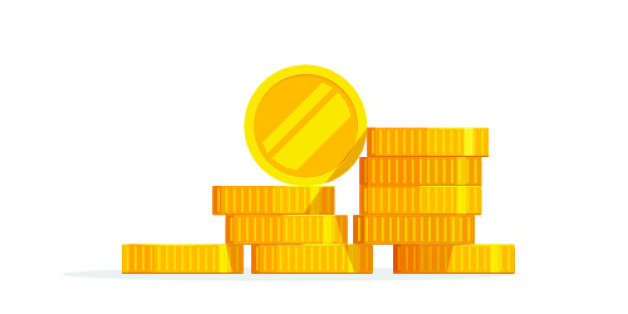 Coins stack vector illustration, coins icon flat, coins pile, coins money, one golden coin standing on stacked gold coins modern design isolated on white background
