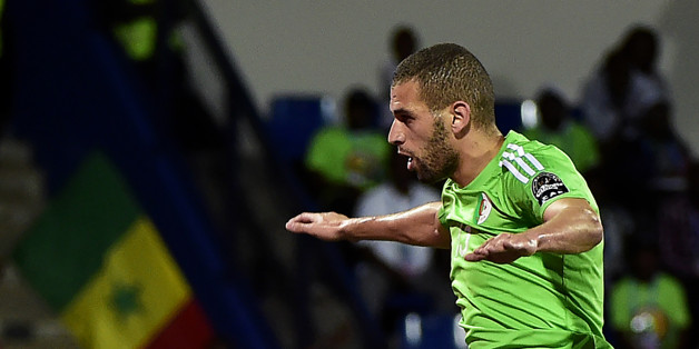 Algeria's forward Islam Slimani celebrates a goal during the 2017 Africa Cup of Nations group B football match between Senegal and Algeria in Franceville on January 23, 2017. / AFP / KHALED DESOUKI (Photo credit should read KHALED DESOUKI/AFP/Getty Images)