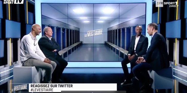 Aziz ben Askar, entouré de William Gallas, Samy Traoré et Roland Courbis lors de l'émission tv sportive "Le vestiaire" sur RMC sport TV
