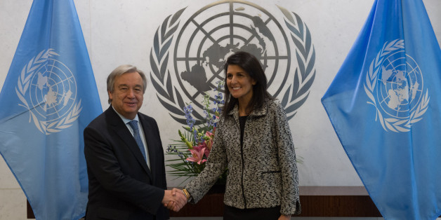 United Nations Secretary-General António Guterres shakes hands with new US Ambassador to the United Nations Nikki Haley at the United Nations on January 27, 2017 in New York. / AFP / Bryan R. Smith (Photo credit should read BRYAN R. SMITH/AFP/Getty Images)