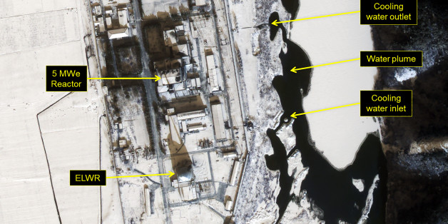 YONGBYON NUCLEAR FACILITY, NORTH KOREA - JANUARY 22, 2017: Figure 2. Water plume originating from the 5Mwe Reactor cooling water outlet. Date: January 22, 2017. Mandatory credit for all images: DigitalGlobe/38 North via Getty Images