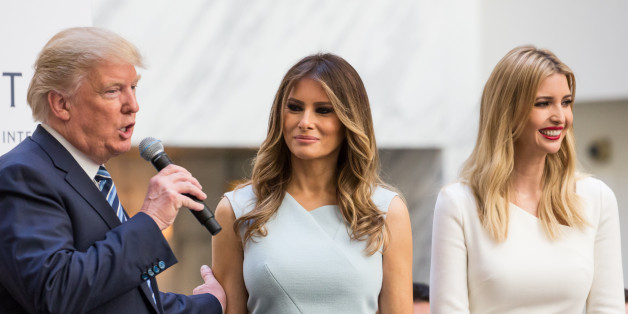 In the grand lobby of Trump International Hotel, U.S. Presidential candidate Donald J. Trump (left) makes remarks with his wife Melania Trump, and daughter Ivanka Trump, by his side before the ribbon cutting for their latest property, Trump International Hotel - Old Post Office, in Washington, DC on October 26, 2016. The event was closed to the public, and included VIP guests and employees of Trump. (Photo by Cheriss May/NurPhoto via Getty Images)