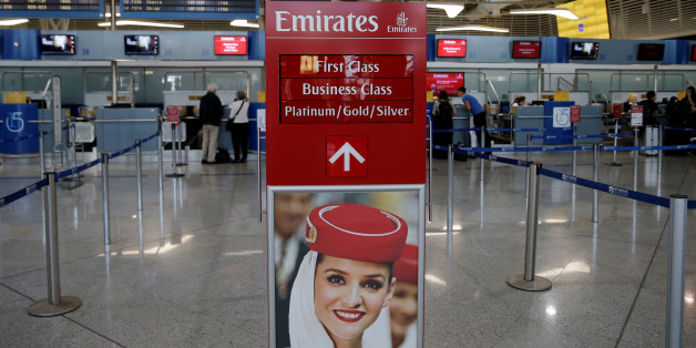 An Emirates Airlines sign indicates the entrance of the check-in area of the Eleftherios Venizelos International Airport in Athens, Greece, May 16, 2016. REUTERS/Alkis Konstantinidis