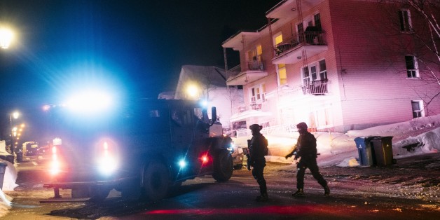 QUEBEC,CANADA - JANUARY 29: Canadian security forces patrol after a shooting in the Islamic Cultural Centre of Quebec in Quebec city on January 29, 2017. Five people are dead and a number of others wounded in a shooting at a mosque in Quebec City, the facility's president told media late Sunday. (Photo by Renaud Philippe/Anadolu Agency/Getty Images)