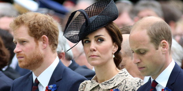 THIEPVAL, FRANCE - JULY 1: (L-R) Prince Harry, Catherine, Duchess of Cambridge and Prince William, Duke of Cambridge during the Commemoration of the Centenary of the Battle of the Somme at the Commonwealth War Graves Commission Thiepval Memorial on July 1, 2016 in Thiepval, France. The event is part of the Commemoration of the Centenary of the Battle of the Somme at the Commonwealth War Graves Commission Thiepval Memorial in Thiepval, France, where 70,000 British and Commonwealth soldiers with no known grave are commemorated. (Photo by Steve Parsons - Pool/Getty Images)