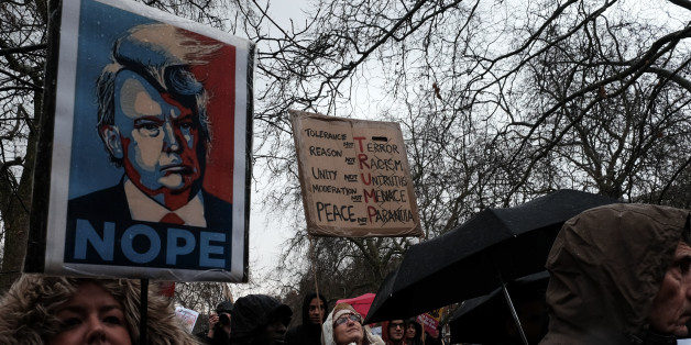 Thousands of protesters with banners and placards march through central London during a demonstration against U.S. President Donald Trump on February 4, 2017 in London, England. Thousands of protesters march from the U.S. Embassy in London to Downing Street today against President Trump's executive order banning immigration to the USA from seven Muslim countries. (Photo by Jay Shaw Baker/NurPhoto via Getty Images)