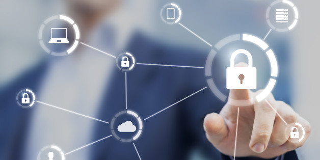 Cybersecurity of network of connected devices and personal data security, concept on virtual interface with consultant in background