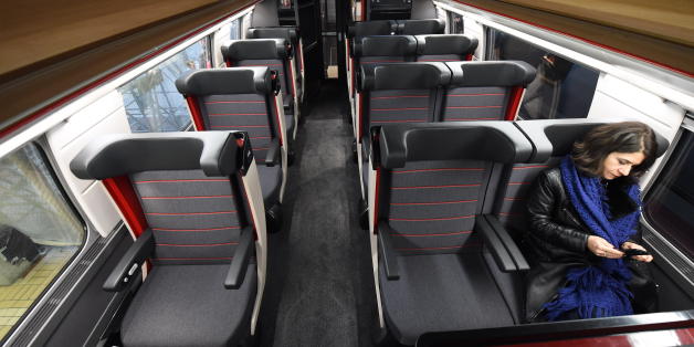 A picture taken on December 11, 2016 in Bordeaux shows the inside of L'Oceane, the new TGV high speed train connecting Paris and Bordeaux after its arrival at Bordeaux's railway station at the end of its inaugurating trip. / AFP / MEHDI FEDOUACH (Photo credit should read MEHDI FEDOUACH/AFP/Getty Images)