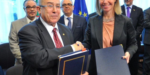 ARCHIVES - BRUSSELS, BELGIUM - JUNE 04: Algerian Foreign Minister Ramtane Lamamra (L) and High Representative of the European Union for Foreign Affairs and Security Policy, Federica Mogherini (R) shake hands after signing a bilateral agreement following the Algeria-EU Association Council Meeting in Brussels, Belgium on June 4, 2015. (Photo by Dursun Aydemir/Anadolu Agency/Getty Images)