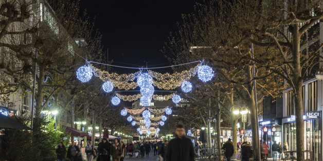 Christmas and New Year decorations are seen in Grosse Bockenheimer Strasse, Frankfurt, Germany, 09 December 2015. (Photo by Horacio Villalobos/Corbis via Getty Images)