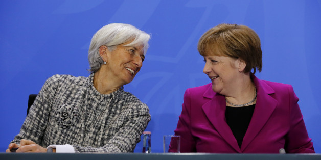 (GERMANY OUT) Christine Lagarde, Head of the International Monetary Fund (IMF), German Chancellor Angela Merkel. After a meeting of the Presidents of the international economic and financial organizations with German Chancellor Angela Merkel on March 11, 2015 at the Federal Chancellery in Berlin this while praising the efforts of 'many' euro-countries, productivity and employment to increase and improve the fiscal position. However, further efforts are necessary - as in the fight against youth unemployment, structural reforms and the 'growth-friendly' consolidation. (Photo by A.v.Stocki/ullstein bild via Getty Images)