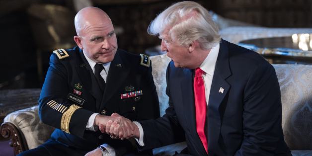 US President Donald Trump shakes hands with US Army Lieutenant General H.R. McMaster (L) as his national security adviser at his Mar-a-Lago resort in Palm Beach, Florida, on February 20, 2017. / AFP / NICHOLAS KAMM (Photo credit should read NICHOLAS KAMM/AFP/Getty Images)