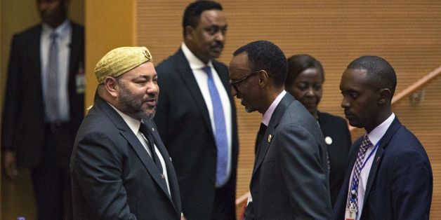 King of Morocco Mohammed VI (L) greets Rwanda's President Paul Kagame in the main plenary of the African Union in Addis Ababa on Jan 31, 2017. Morocco's King Mohammed VI took a seat at the African Union headquarters Tuesday for the first time in 33 years after being re-admitted by the bloc. Morocco's return to the fold comes a day after 39 of the AU's 54 member states agreed to allow Morocco back in the fold, despite stiff resistance from countries such as South Africa and Algeria over the statu