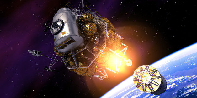 Interplanetary Space Station Launch Into Space. 3D Illustration.