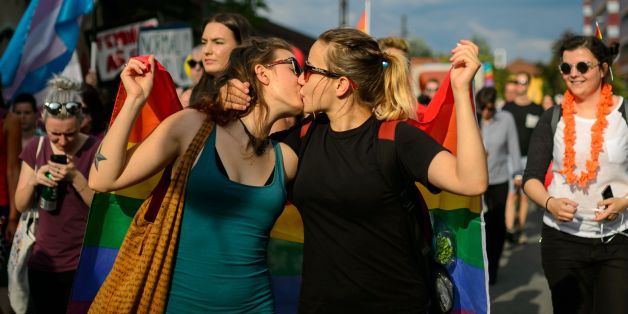Women kiss as they take part in the Ljubljana Pride Parade in Ljubljana, Slovenia, on June 18, 2016. / AFP / JURE MAKOVEC (Photo credit should read JURE MAKOVEC/AFP/Getty Images)