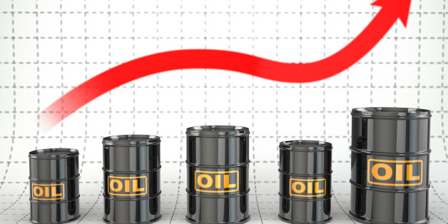 Growth of oil price. Barrels and graph. 3d