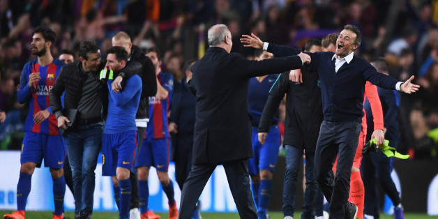 BARCELONA, SPAIN - MARCH 08: Luis Enrique manager of Barcelona (R) celebrates victory after the UEFA Champions League Round of 16 second leg match between FC Barcelona and Paris Saint-Germain at Camp Nou on March 8, 2017 in Barcelona, Spain. Barcelona won by 6 goals to one to win 6-5 on aggregate. (Photo by Michael Regan/Getty Images)