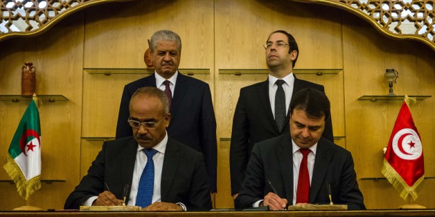 TUNIS, TUNISIA - MARCH 9: Algerian Prime Minister Abdelmalek Sellal (rear L) and Tunisian Prime Minister Youssef Chahed (rear R) attend the signing ceremony of the collaboration between Algeria and Tunisia at the Carthage Palace in Tunis, Tunisia on March 9, 2017. (Photo by Amine Landoulsi/Anadolu Agency/Getty Images)