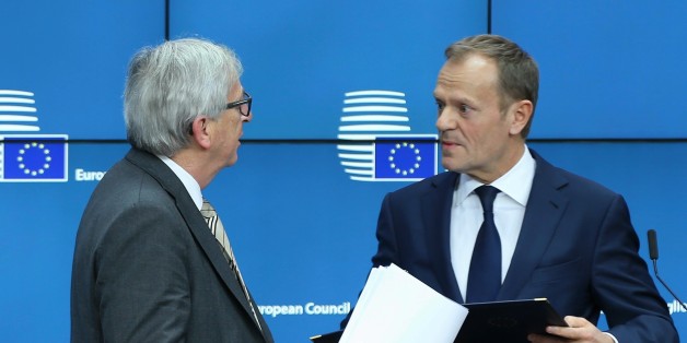 BRUSSELS, BELGIUM - MARCH 09: European Commission President Jean-Claude Juncker (L) and EU Council President Donald Tusk (R) hold a press conference as part of the European Union Leaders Summit in Brussels, Belgium on March 9, 2017. (Photo by Dursun Aydemir/Anadolu Agency/Getty Images)