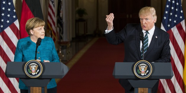 WASHINGTON, USA - MARCH 17: U.S. President Donald Trump speaks during a joint press conference at the White House with German Chancellor Angela Merkel (L) during her visit to Washington, United States on March 17, 2017. (Photo by Samuel Corum/Anadolu Agency/Getty Images)