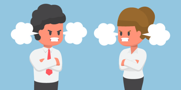 Businessman and Businesswoman with Red Face of Rage, Angry Emotional Concept