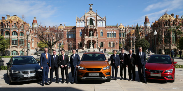 SEAT's President and CEO Luca de Meo (C) and board members pose during the presentation of the 2016 results during a news conference in Barcelona, Spain March 23, 2017. REUTERS/ Albert Gea