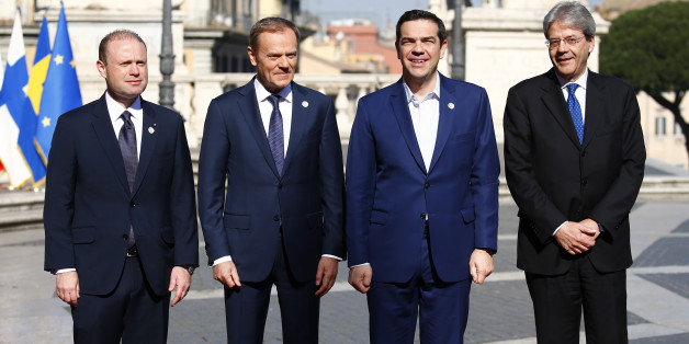 (from L to R) Malta's Prime Minister Joseph Muscat, European Council President Donald Tusk, Greek Prime Minister Alexis Tsipras and Italy's Prime Minister Paolo Gentiloni pose for a picture outside the city hall "Campidoglio" (Capitoline Hill) as EU leaders arrive for a meeting on the 60th anniversary of the Treaty of Rome, in Rome, Italy March 25, 2017. REUTERS/Tony Gentile
