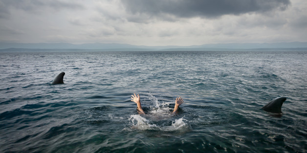 woman is assaulted by a shark in a deep ocean