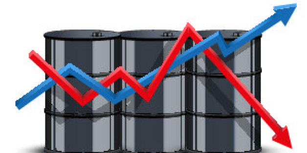 Oil barrel on the background graphics prices with diagram. The rise in price and cheaper petroleum. Vector Illustration.