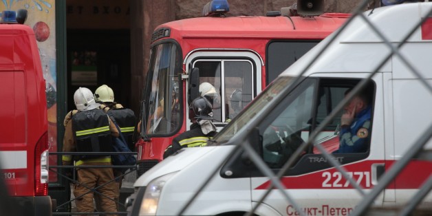 SAINT-PETERSBURG, RUSSIA - APRIL 3: Health team workers and firefighters are dispatched after an explosion at a subway station in St Petersburg, Russia on April 3, 2017. At least 10 people were killed on the blast. (Photo by Sergey Mihailicenko/Anadolu Agency/Getty Images)