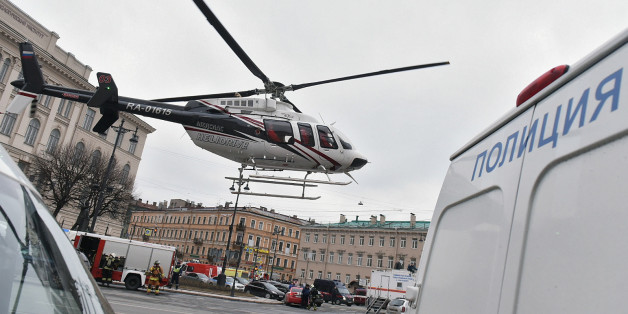 SAINT PETERSBURG, RUSSIA - APRIL 03: Police officers, rescue workers and medics work on the site of bombing at the Tekhnologichesky Institut metro station on April 3, 2017 in Saint Petersburg, Russia. 9 people have been killed and at least 22 injured. (Photo by Alexander Koriakov/Kommersant via Getty Images)