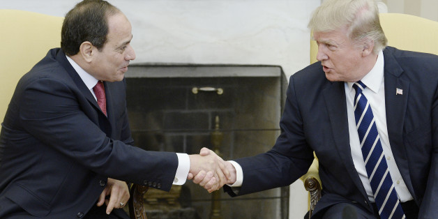 U.S. President Donald Trump, right, shakes hands with Abdel-Fattah El-Sisi, Egypt's president, during a meeting inside the Oval Office of the White House in Washington, D.C., U.S., on Monday, April 3, 2017. Trump said Monday his buildup of the U.S. military would help El-Sisi fight terrorism as the two met at the White House for their first summit of the Trump presidency. Photographer: Olivier Douliery/Pool via Bloomberg