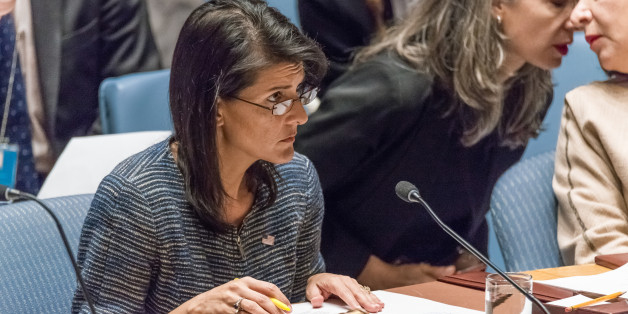 UN HEADQUARTERS, NEW YORK, NY, UNITED STATES - 2017/04/04: Ambassador Nikki Haley is seen in the Security Council Chamber. The United Nations Security Council held a meeting regarding the UN Secretary-General's most recent report on the South Sudan. The meeting marked US Ambassador to the UN Nikki Haley's first appearance as President of the Council at an open meeting. (Photo by Albin Lohr-Jones/Pacific Press/LightRocket via Getty Images)