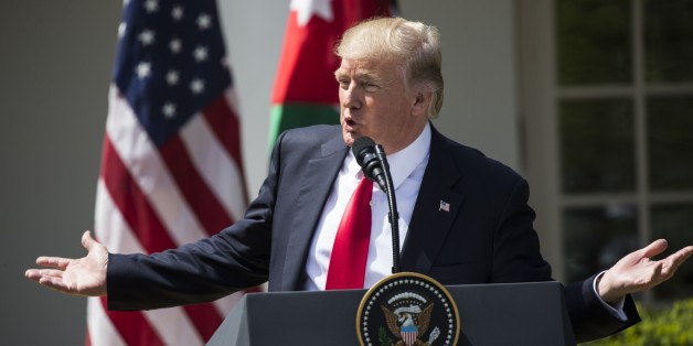 WASHINGTON, USA - April 5: U.S. President Donald Trump speaks during a joint press conference with King Abdullah II bin al-Hussein of Jordan (not seen) in the Rose Garden of the White House in Washington, USA on April 5, 2017. (Photo by Samuel Corum/Anadolu Agency/Getty Images)