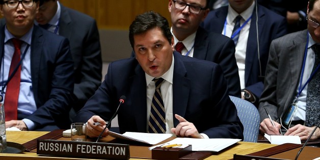 NEW YORK, UNITED STATES - APRIL 5: ussia's Deputy Permanent Representative to the UN Vladimir Safronkov speaks during a meeting of the United Nations Security Council at U.N. headquarters, on April 5, 2017 in in New York, United States. The Security Council is holding emergency meeting following suspected chemical gas attacks in Syrias Idlib that killed at least a hundred people. (Photo by Volkan Furuncu/Anadolu Agency/Getty Images)
