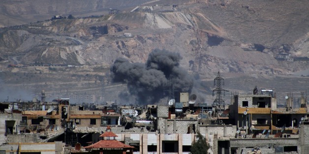 DAMASCUS, SYRIA - APRIL 5: Smoke rises after the war crafts belong to Assad Regime forces carried out airstrikes on the Jobar neighborhood of Damascus, Syria on April 5, 2017. (Photo by Mohammed Eyad/Anadolu Agency/Getty Images)