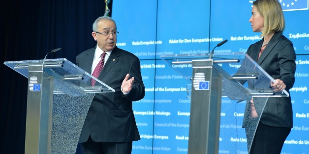 BRUSSELS, BELGIUM - JUNE 04: Algerian Foreign Minister Ramtane Lamamra (L) and High Representative of the European Union for Foreign Affairs and Security Policy, Federica Mogherini (R) are seen during a joint press conference following the Algeria-EU Association Council Meeting in Brussels, Belgium on June 4, 2015. (Photo by Dursun Aydemir/Anadolu Agency/Getty Images)