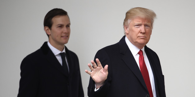 WASHINGTON, DC - MARCH 15: U.S. President Donald Trump waves while walking to a waiting Marine One helicopter with son-in-law and senior advisor Jared Kushner while departing the White House on March 15, 2017 in Washington, DC. Trump is scheduled to travel to Michigan and Tennessee today. (Photo by Win McNamee/Getty Images)