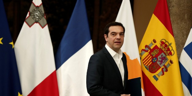 MADRID, SPAIN - APRIL 10 : Prime Minister of Greece Alexis Tsipras is seen during a press conference after the Southern European Union Countries Summit at the El Pardo Palace in Madrid, Spain on April 10, 2017. (Photo by Burak Akbulut/Anadolu Agency/Getty Images)