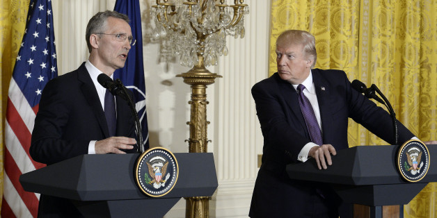 Jens Stoltenberg, secretary general of the North Atlantic Treaty Organization (NATO), left, speaks as U.S. President Donald Trump listens during a joint press conference inside the East Room of the White House in Washington, D.C., U.S., on Wednesday, April 12, 2017. Stoltenberg commented on U.S.-Russia relations during a meeting with Trump and stated that NATO does not want a new Cold War. Photographer: Olivier Douliery/Bloomberg via Getty Images
