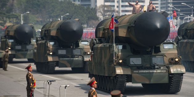 An unidentified rocket is displayed during a military parade marking the 105th anniversary of the birth of late North Korean leader Kim Il-Sung in Pyongyang on April 15, 2017. North Korean leader Kim Jong-Un on April 15 saluted as ranks of goose-stepping soldiers followed by tanks and other military hardware paraded in Pyongyang for a show of strength with tensions mounting over his nuclear ambitions. / AFP PHOTO / Ed JONES (Photo credit should read ED JONES/AFP/Getty Images)