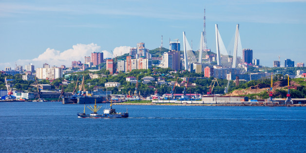 Vladivostok city aerial panoramic view, Primorsky Krai in Russia. Vladivostok is located at the head of the Golden Horn Bay.