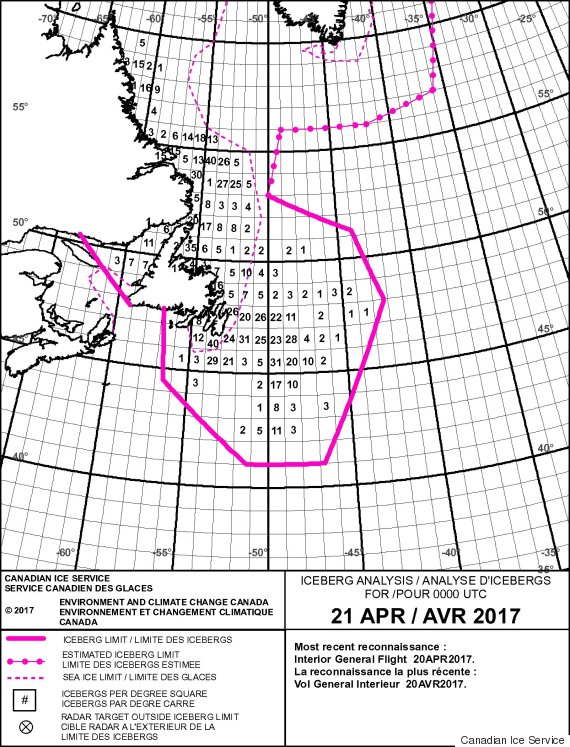 Iceberg Alley Is Spectacular This Year For A Sad Reason HuffPost Canada   O CANADIAN ICE SERVICE ICEBERG MAP 570 