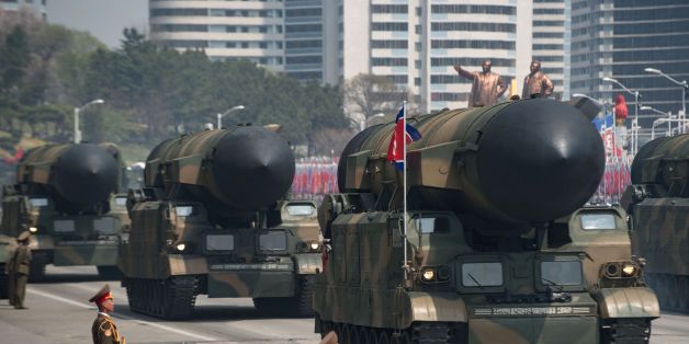 An unidentified rocket is displayed during a military parade marking the 105th anniversary of the birth of late North Korean leader Kim Il-Sung in Pyongyang on April 15, 2017.
North Korean leader Kim Jong-Un on April 15 saluted as ranks of goose-stepping soldiers followed by tanks and other military hardware paraded in Pyongyang for a show of strength with tensions mounting over his nuclear ambitions. / AFP PHOTO / Ed JONES (Photo credit should read ED JONES/AFP/Getty Images)