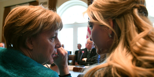 WASHINGTON, DC - MARCH 17: German Chancellor Angela Merkel (L) speaks with Ivanka Trump during a roundtable discussion on vocational training with United States and German business leaders in the Cabinet Room of the White House on March 17, 2017 in Washington, DC. In Merkel's first U.S. visit under the Trump administration, the two leaders discussed strengthening NATO, fighting the Islamic State group, and the ongoing conflict in Ukraine. (Photo by Pat Benic-Pool/Getty Images)
