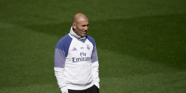 Real Madrid's French coach Zinedine Zidane attends a training session at Valdebebas Sport City in Madrid on April 28, 2017 on the eve of their Liga football match against Valencia. / AFP PHOTO / PIERRE-PHILIPPE MARCOU (Photo credit should read PIERRE-PHILIPPE MARCOU/AFP/Getty Images)