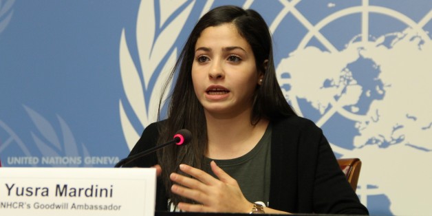 GENEVA, SWITZERLAND - APRIL 27: Syrian Olympic swimmer Yusra Mardini, who swam to Greece from Turkey, holds a press conference after being UNHCR Goodwill Ambassador at the United Nations office in Geneva, Switzerland on April 27, 2017. After arriving to Greece, Mardini went to Germany. (Photo by Fatih Erel/Anadolu Agency/Getty Images)
