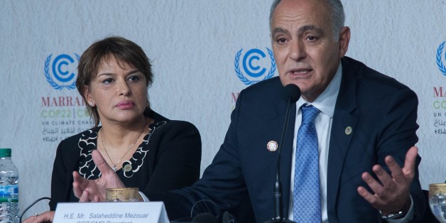 MARRAKECH, MOROCCO - NOVEMBER 18: Morocco's Foreign Minister and the head of COP22 Salaheddine Mezouar (R) attends a session during the UN Climate Change Conference in Marrakech, Morocco on November 18, 2016. (Photo by Jalal Morchidi/Anadolu Agency/Getty Images)