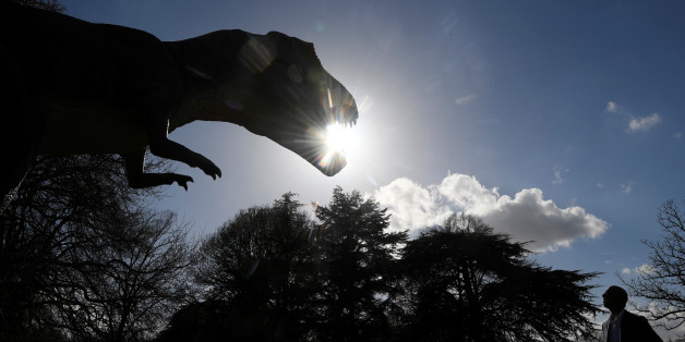 A man views an animatronic life-size dinosaur ahead of an interactive exhibition, Jurassic Kingdom, at Osterley Park in west London, Britain, March 31, 2017. REUTERS/Toby Melville